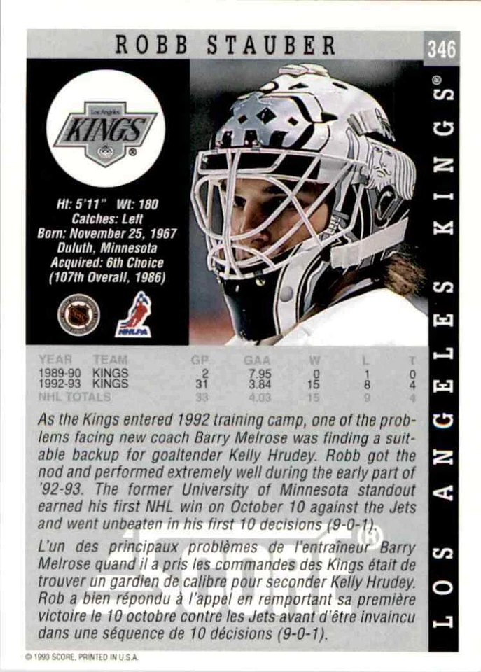 1993-94 Score Robb Stauber #346 - Image 2 of 2