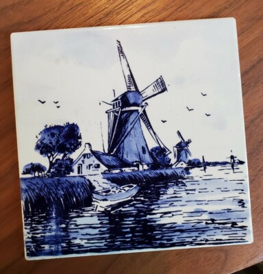 Vintage Ceramic Tile Windmill Signed D.P. Delft Crazed Classic Blue White 6'' x 6