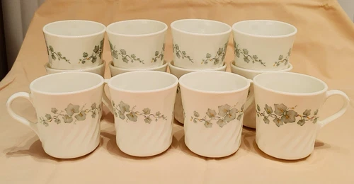 Vintage Corelle Corning Callaway Green Ivy White Swirl Coffee Cups Mug Set of 12