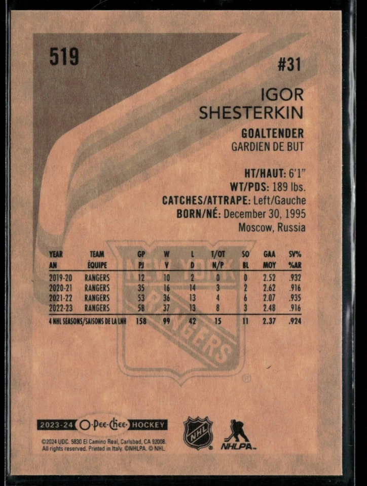 2023-24 O-Pee-Chee Retro Igor Shesterkin #519 - Image 2 of 2