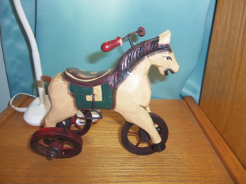 Vintage hand carved wooden horse - folk art tricycle with saddle, stirrup