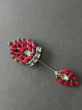 VTG Gorgeous 4” Red Rhinestone Hat Lapel Pin W/ Matching Cap