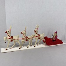Vintage Celluloid Santa Claus Sitting in Sleigh Pulled by 3 Reindeer Japan