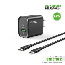ESOULK NEW Dual Port QC 3.0 and PD 20W Wall Charger With 5Ft USB-C to C Cable