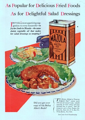 1929 Mazola Vegetable Oil Vintage Print Ad Fried Chicken Tin Ida Bailey Allen