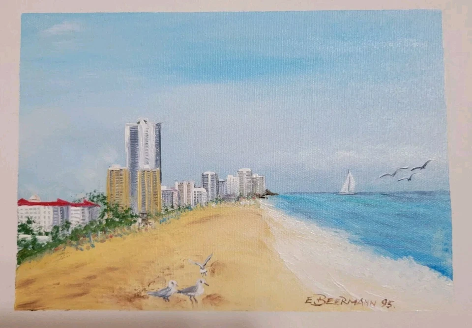 Оригинальная картина маслом Coastal Beach растянутый холст 16x13 с подписью E.Beermann 95 - Изображение 3 из 4