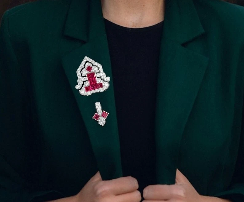 Lab Pink Sapphire Jabot Pin 925 Sterling Silver Art Deco Enamel Handmade Jewelry - Image 2 of 4