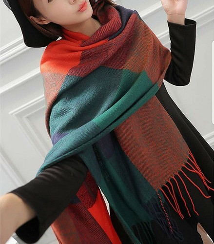 Wander Agio Women's Fashion Long Shawl Big Grid Lattice Large *Orange Blue* - Picture 2 of 2