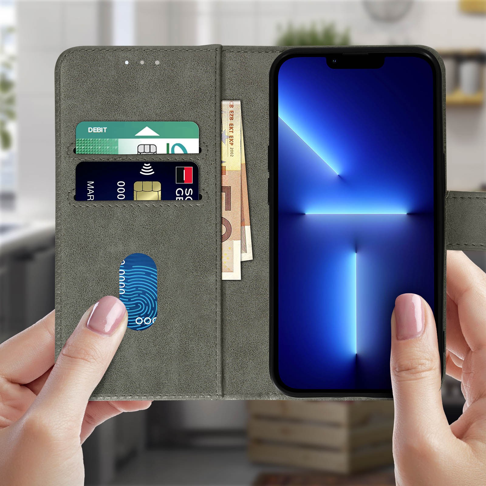 Housse iPhone 13 Pro avec support vidéo et rangement carte bleu gris