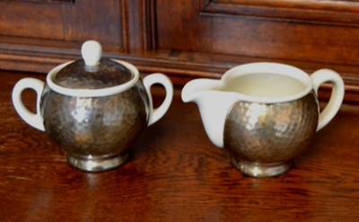 Milchkännchen Zuckerdose mit Deckel Porzellan WMF Hammerschlag Vintage