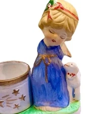 Pair Of 1978 JASCO Hand Painted Porcelain Luvkins Christmas Angel Candle Holder