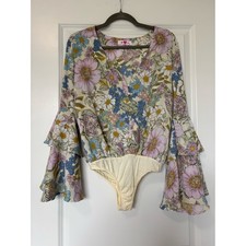 Buddy Love Lilac/Blue Floral Cheyenne Bell Sleeve Bodysuit NWOT Size XS