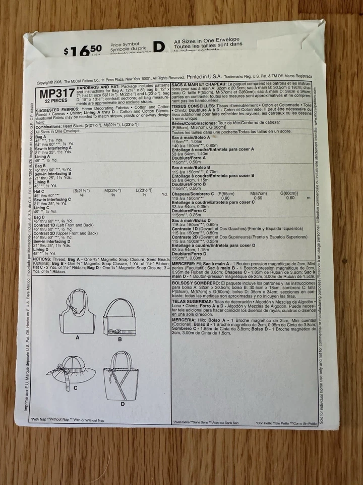 McCalls Fashion Accessories Pattern MP317 Laura Ashley 3 Bags And One Hat Uncut - Image 2 of 4