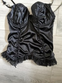 Ann Summers Black Satin & Diamonte Ruched & Frilled Corset Top Size 36C