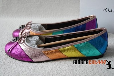 Kurt Geiger Ballerinas 100 % genarbtes Kiesel-Leder Regenbogenstreifen Adler neu im Karton