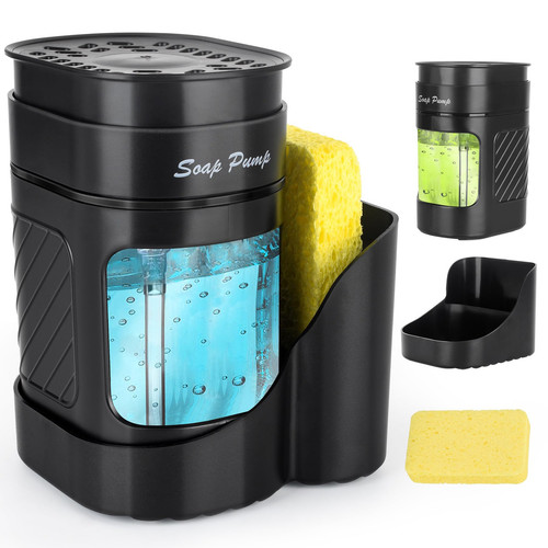 Kitchen Dish Soap Dispenser with Sponge Holder, 3-in-1 Countertop Dishwashing...