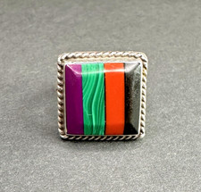 Gorgeous Detailed MultiStone Square TAXCO INLAY Ring 925 Sterling Silver Size 6