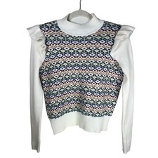 LOFT Geo Jacquard Ruffle Shoulder Mock Neck Geometric Knit Sweater S