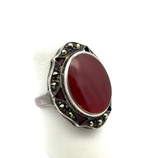 .925 Sterling Silver Carnelian Cabochon Marcasite Ring, Size-6, 6.7g