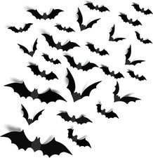 140Pcs 3D Bats Halloween Decorations Realistic PVC Wall Decor  Black Scary Bat