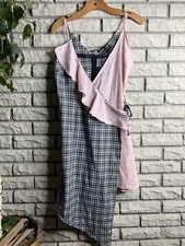 NWT Pretty Little Thing Gingham Plaid Wrap Dress Ruffle Size 12 Pink V Neck