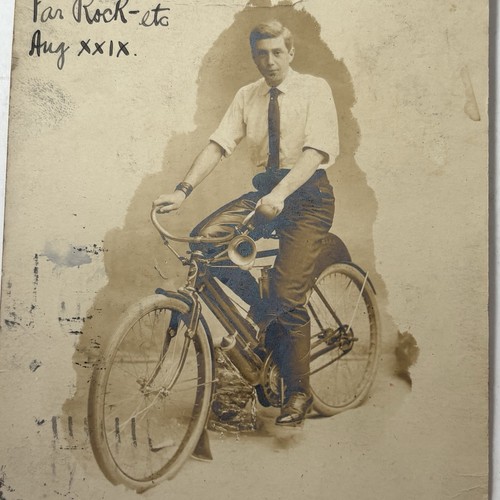 RPPC Indian Motorcycle Antique 1905 Postcard Far Rockaway Studio Photo Man Tie - Picture 3 of 5
