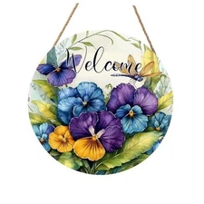 Anyako Welcome Spring Blue Purple Flowers Door Sign For Front Pansy Dragonfly