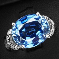 925 Sterling Silver White Gold Rings Gleaming Vivid Blue Sapphire Oval 7.05Ct