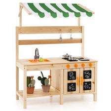 Mud Kitchen Fir Wood Play Kitchen with Canopy and Sink and 4 Stoves-Natural - Co