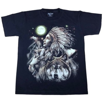 Indian Wolf T-Shirt Medium schwarz Grafik Frau Wolf T Shirt Vintage Hipster Y2K