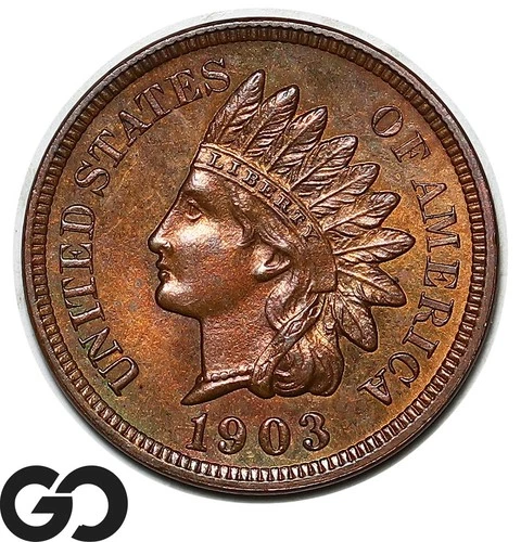 1903 Indian Head Cent Penny, Nicely Toned, Solid Gem BU++