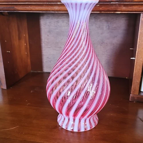 Fenton Cranberry Swirl Art Glass Vase. Approximately 10 inches