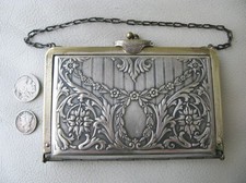 Antique Art Nouveau Floral Silver & Gold Card Case Leather Interior Purse DUPLEX