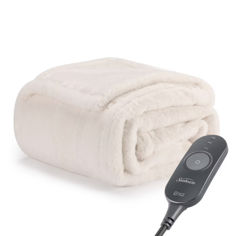 Sunbeam 50''x60'' Heated Throw Blanket 3 Heat Settings Faux Fur White