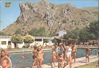 Ezcaray Logroño Spanien Vintage Postkarte Schwimmbad Berg San Torcuato 70er