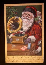 Santa Claus with Old Record Player ~Victor Trade Card on 1907 Christmas Postcard