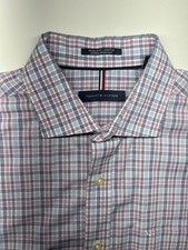 Tommy Hilfiger Mens L Regular Fit Stretch Wrinkle Resistant Plaid Dress Shirt
