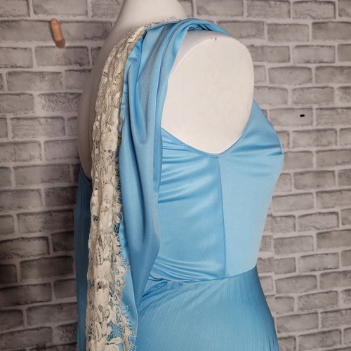 Vintage 60s 70s Lace Cape Light Blue Pleated Maxi Dress - Picture 5 of 5