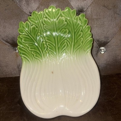 Ceramic Serving Veggie Dish Bowl Napa Cabbage Shape Green White Cottage *READ