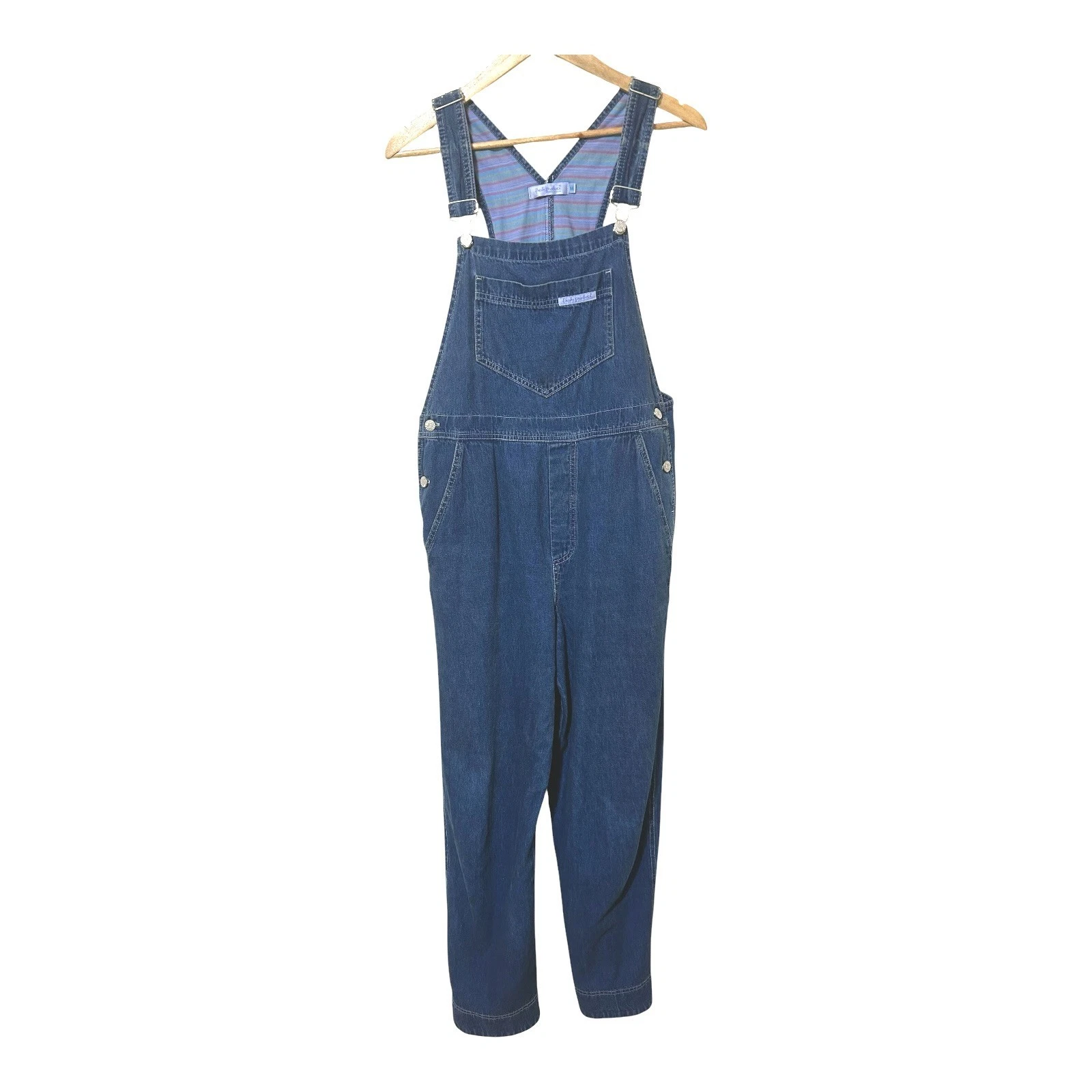 VTG 90's Fresh Produce Women's Denim Overalls M Blue Pockets Striped Lining USA