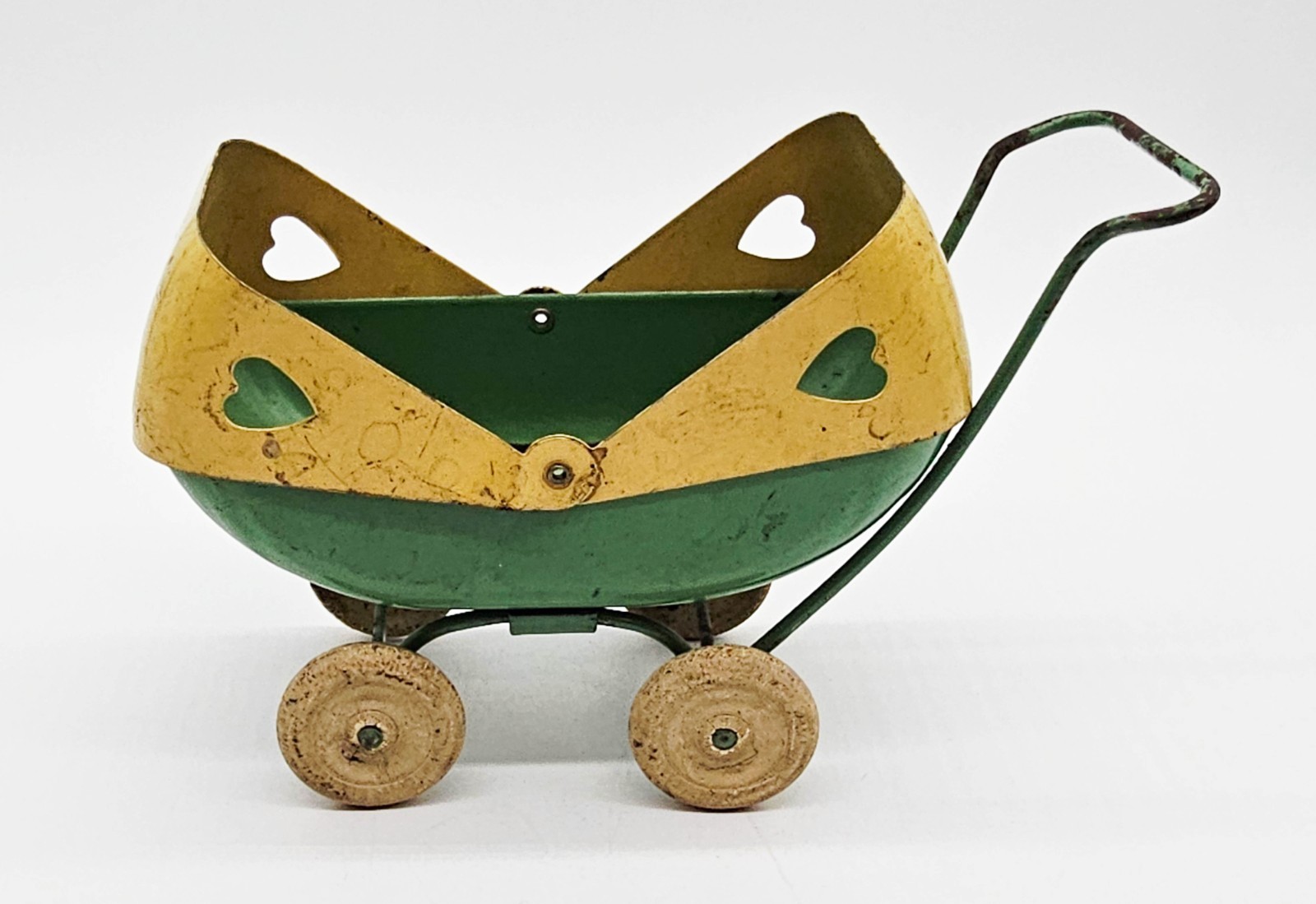 Wyandotte Baby Stroller Doll Buggy Pram Green + Yellow Metal Toy Heart Cutouts
