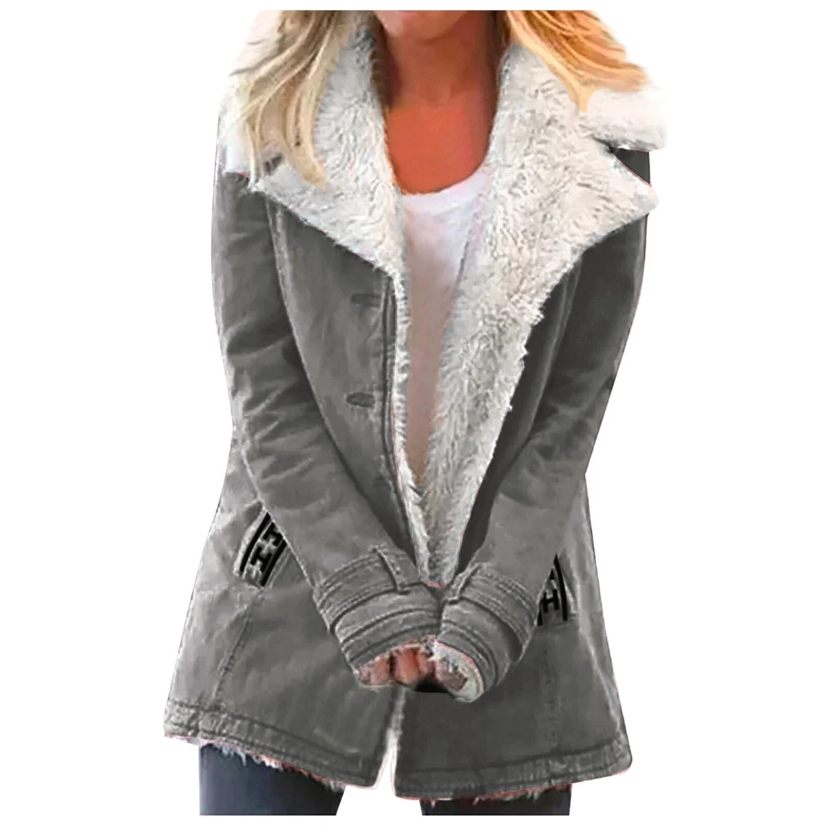 Womens Winter Button Hooded Puffer Jacket Short Coat w Pockets L