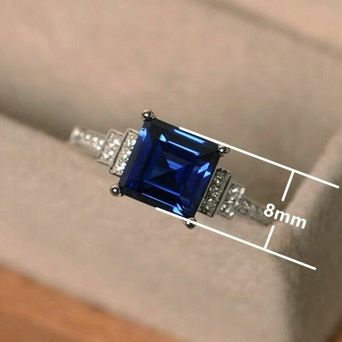 Anello di fidanzamento in oro bianco massiccio 14 carati con zaffiro blu e di... - Foto 6 di 6
