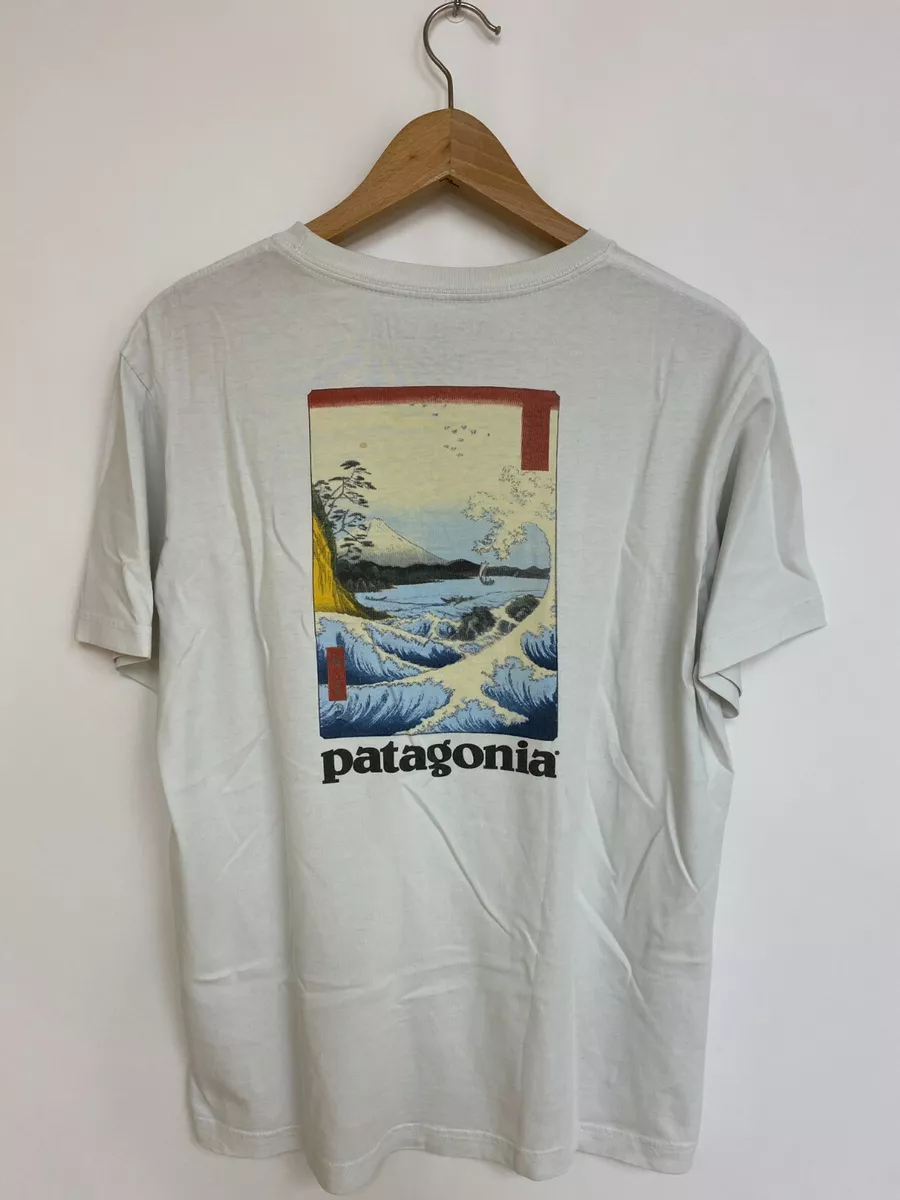 PATAGONIA Hiroshige North Sea White Shirt Japanese Woodblock Hokusai Wave -  S