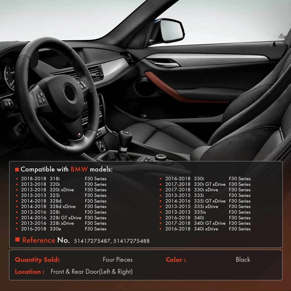 Juego de 4 cubiertas de moldura de manija de puerta interior delantera y trasera negra para BMW F30 318i Foto 2 de 4