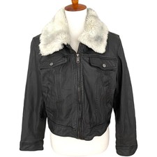 Slate & Willow Black Genuine Leather Jacket Full Zip Faux Fur Collar Size Xl