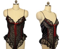 GORGEOUS VINTAGE SIZE LARGE BLACK LACE AND RED SATIN RIBBON TEDDIE / TEDDIES