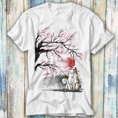  T-Shirt Sakura Tree japanische Katze am Fuji Berg Meme Geschenk Top Unisex 759