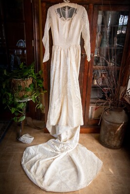 Vintage 1940's Hand-Sewn A-Line Lace Wedding Dress Illusion Neckline