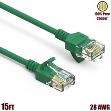 15FT Cat6A RJ45 Slim Ethernet LAN Network Cable UTP Gold 28AWG Copper Wire Green